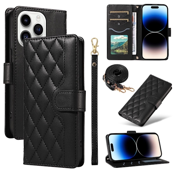 Kotelo iPhone 13 Prolle Musta + pitkä ja lyhyt köysi Muoti ins Lompakko korttipidikkeellä Crossbody