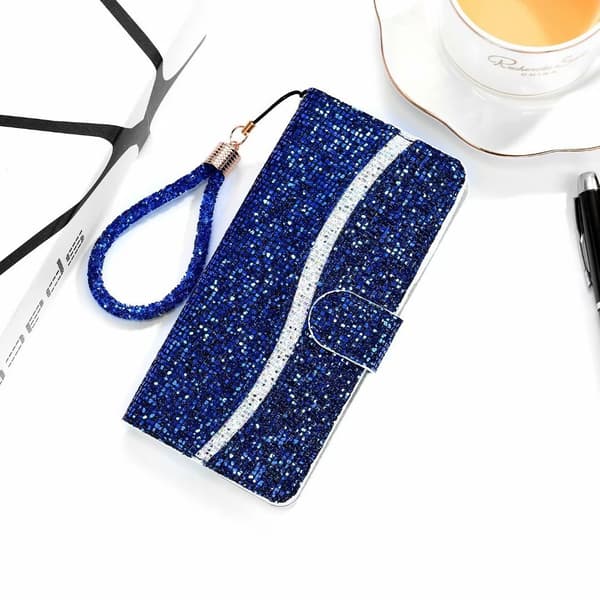 Etui til iPhone 13 blå Glitter Flip Diamant Lommebok med Kortholder