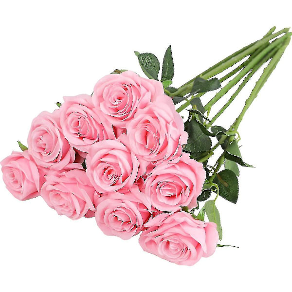 Kunstige Silke Rose Blomster Enkelt Stilk Realistisk Falsk Rose For Bryllupsbukett Blomst, 10stk (blå) pink