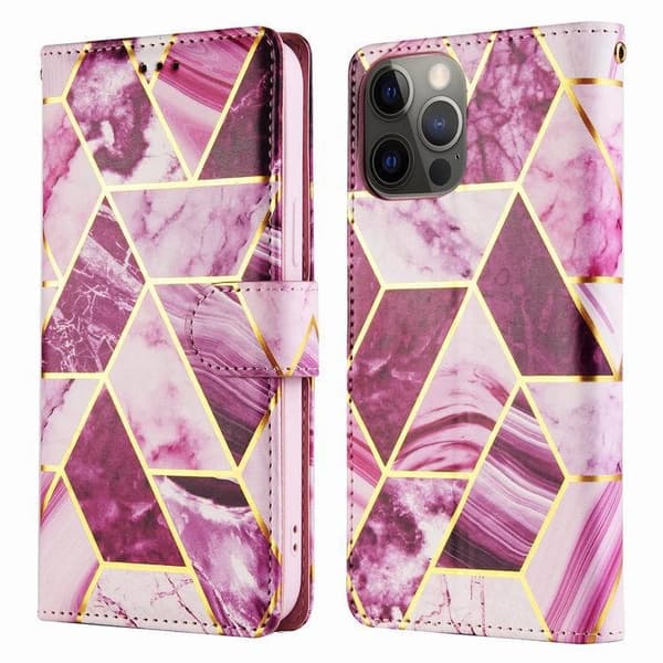 Etui til iPhone 13mini Lilla Guld marmormønster Tegnebog med Kortholder Geometrisk