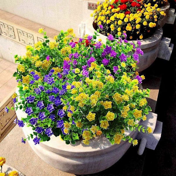 Konstgjorda blommor, falska UV-beständiga växter, konstgjorda plastgröna buskar för utomhusbruk, hängande planteringskärl, heminredning (Gul)