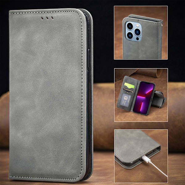 Etui til iPhone 15 Plus grå Flip Tilpasselig Multi-Model Wallet med Kortholder Slidstærk