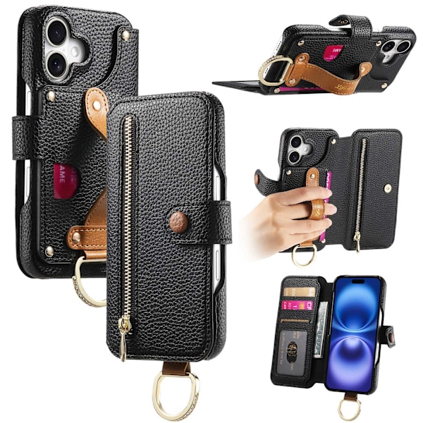 Etui til iPhone 15 Plus sort Pebbled Læder Flip Wallet med Kortholder
