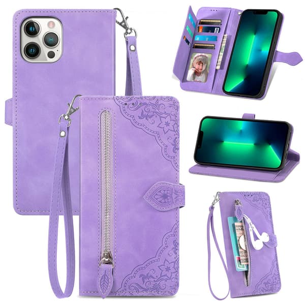 Etui til iPhone 14 6.1 Lavendel lynlås 3D Præget Wallet med Kortholder Flip