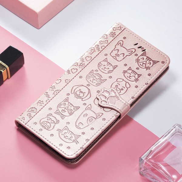 Etui til iPhone 15 Plus Rosaguld Hot salg kat og hund sødt 3D Præget læder multiple pung med kortholder