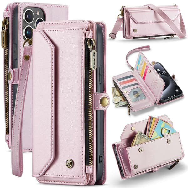 Etui til iPhone 16 Plus rosa Flip lommebok med kortholder