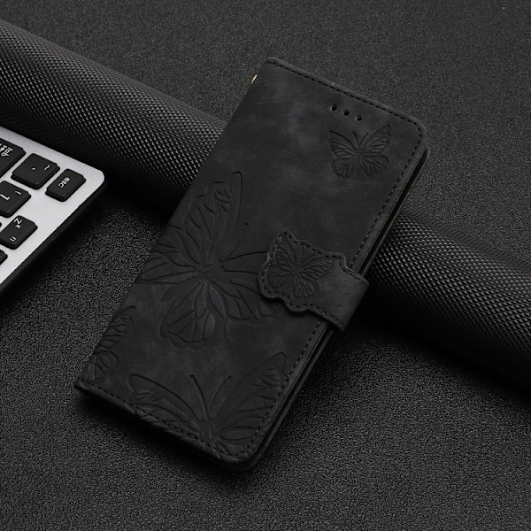 Etui til iPhone 14pro MAX sort sommerfugl 3D præget pung med kortholder flip