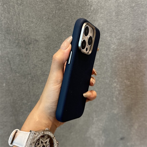 Etui til iPhone 14 Pro Max Blå (magnetisk versjon) Høykvalitets lær metall linse lær tekstur