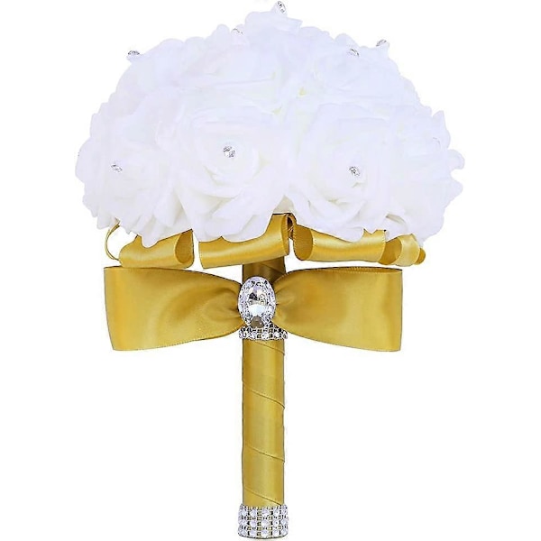 En gul bukett för brudtärnor med diamantmjukt band, konstgjorda PE-rosor för bröllop (Diameter: 21 cm H: 25 cm)