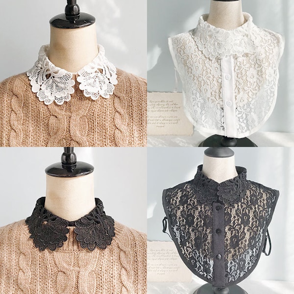 Dame falsk krage Avtakbar halv Profesjonell skjorte Svart W Lace flower Model B in black