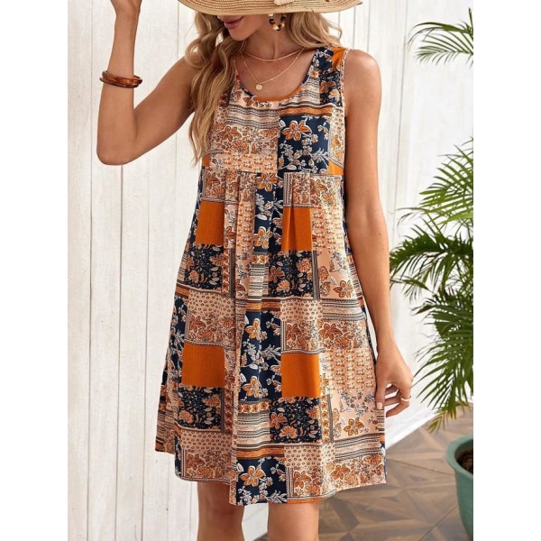 Moderiktig printed klänning för kvinnor med ärmlös midja Orange M