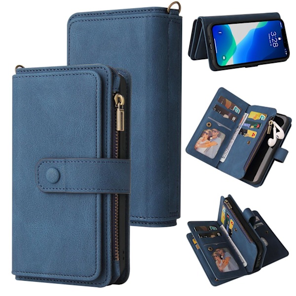 Etui til iPhone iPhone 13 Kongeblå Soft-Touch Lynlås Kort Flip Wallet med Kortholder Reb