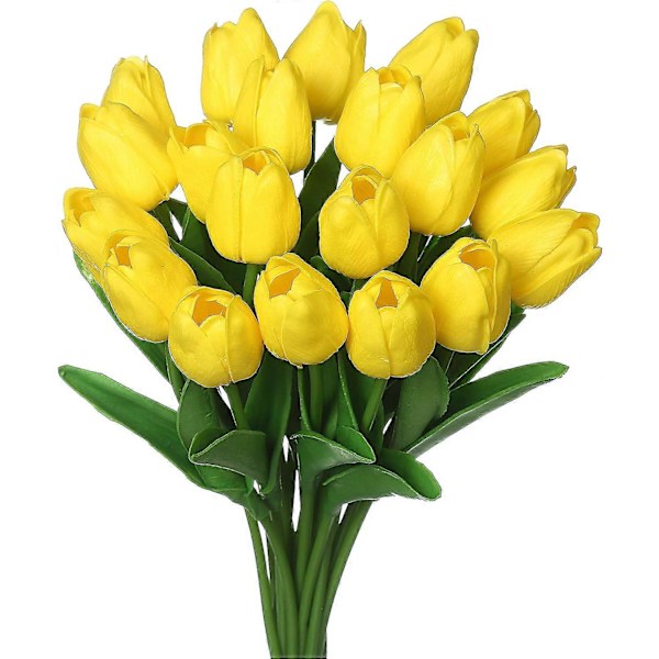 Keinotekoiset tulppaanikukat, 20 kpl 34 cm keinotekoisia lateksitulppaaneja kodin, huoneen, toimiston, juhlien ja häiden koristeluun, valkoinen Yellow