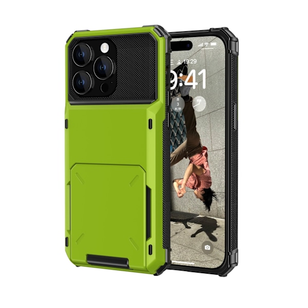 Vihreä iPhone 15 Pro -lompakkokotelo korttipidikkeellä