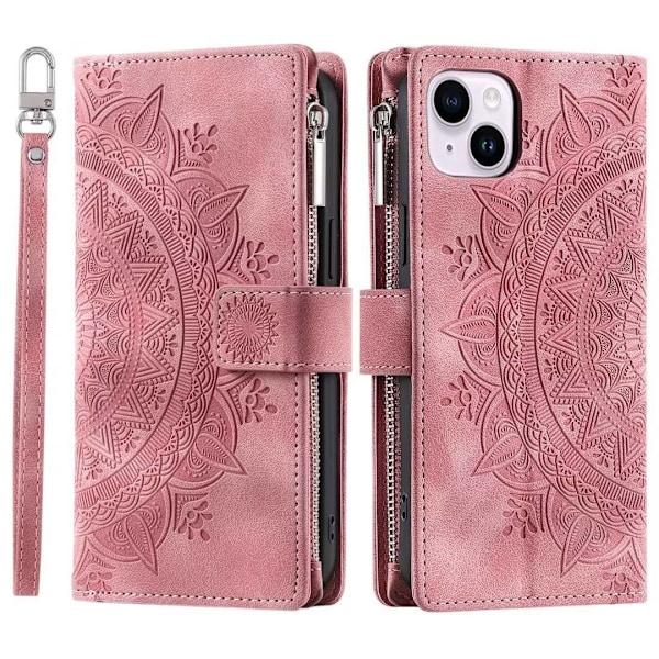 Etui til iPhone 13 Pro rosa Multi-kort Totem Glidelås Flip Lommebok med Kortholder