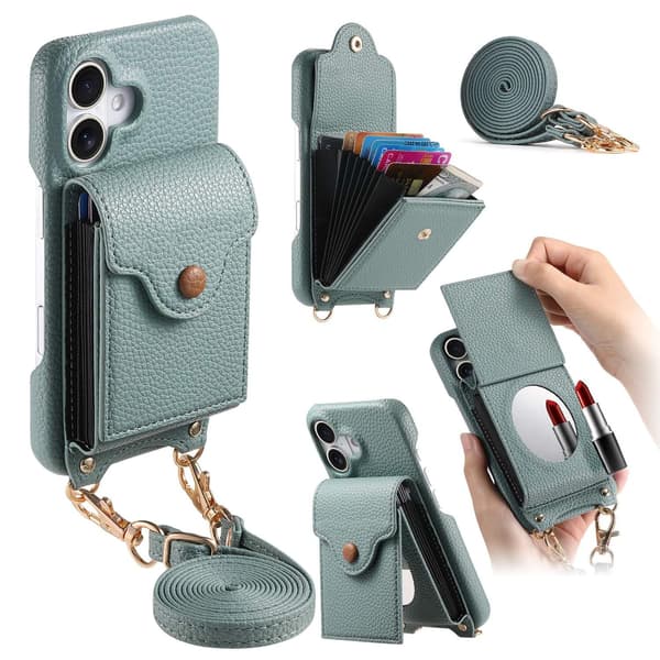 Etui til iPhone 13 Mini blå Pebbled Stort Harmonika Makeup Spejl Crossbody Rem