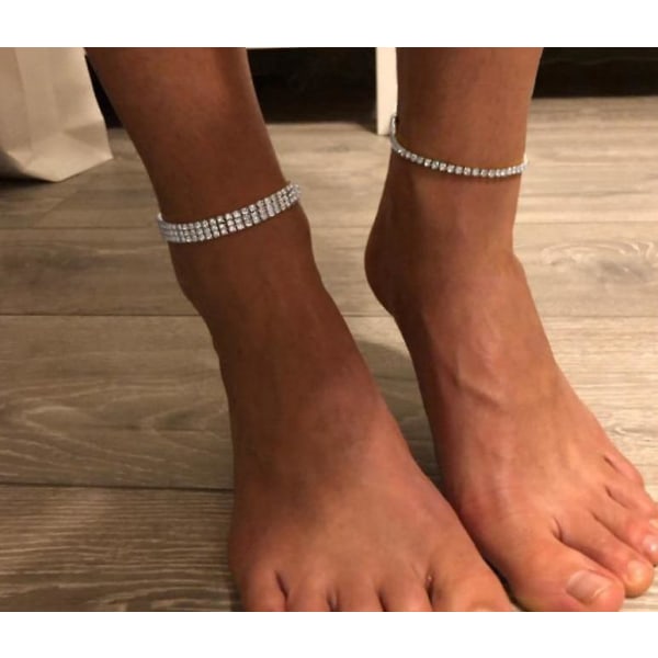 Elastisk ankelband Stretch Kvinnor Boho Crystal Armband Cheville Barfota 2 Row Anklet