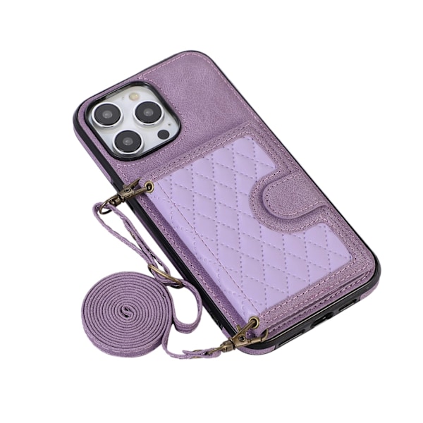 Kotelo iPhone 14 6.1 Taro violetti kaulanauhalla, timanttikuvioinen crossbody-vetoketjullinen lompakko korttipidikkeellä ja läpällä