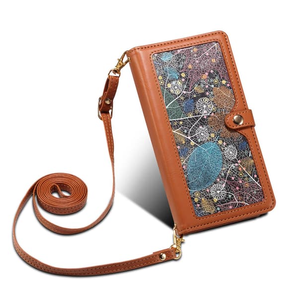 Etui til iPhone 14 MAX/iPhone 14plus Brun + lang snor Mixed Media Flip Crossbody Multi-kort Lynlås Malet