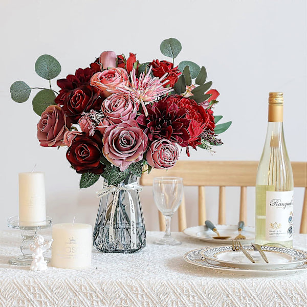 Kunstige roseblomster kombinasjonsbokssett inkluderer peoner, krysantemum, falske blomster, bulkblomsterblad med stilker Burgundy Pink Set