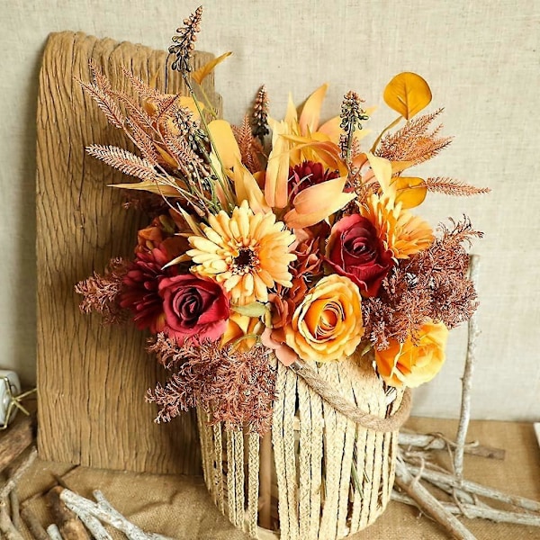 Kunstige falske blomster, falske høstblomster UV-bestandige høstplanter for hjemmekjøkken julefestival Thanksgiving høstdekorasjon (Høstblanding Col