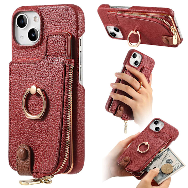 Etui til iPhone 15 Pro Max Sinus rød Pebbled Ensfarget Ring Lommebok med Kortholder