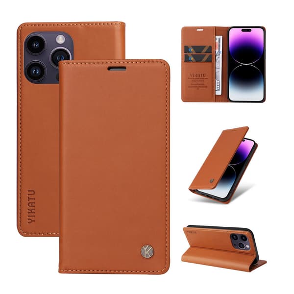 Etui til iPhone iPhone 14promax Brun Almindelig Magnetisk Flip Wallet med Kortholder