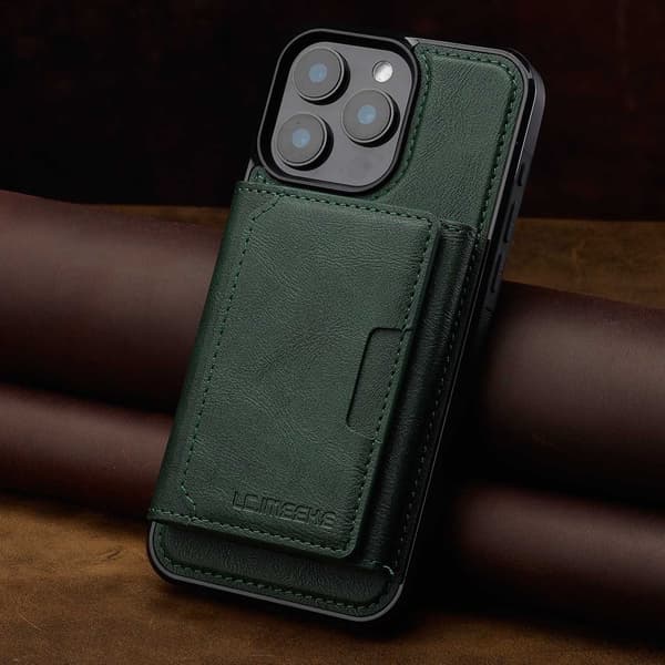 Fodral för iPhone 13 Mini grön business Magnetisk korthållare stativ RFID-blockering