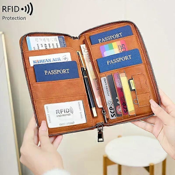 Gränsöverskridande Ny RFID Anti-Magnetisk Sedelklämma Dragkedja Passfodral Dokumentväska Flygbiljett Förvaringsficka Multifunktionell Passp Light brown