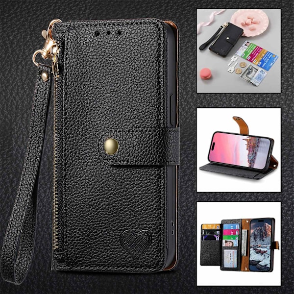 Etui til iPhone 14 Pro Max Sort [kort lanyard] Source Love Pebbled RFID-Blokerende Rem
