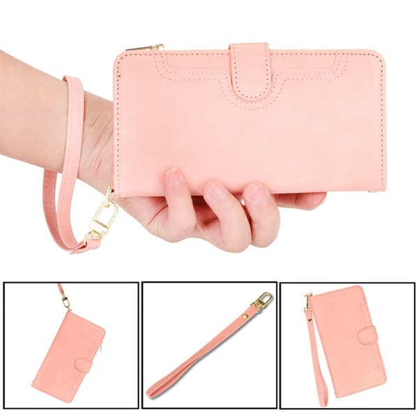Etui til iPhone 14 Pink + håndledsrem lynlås pung med kortholder flip