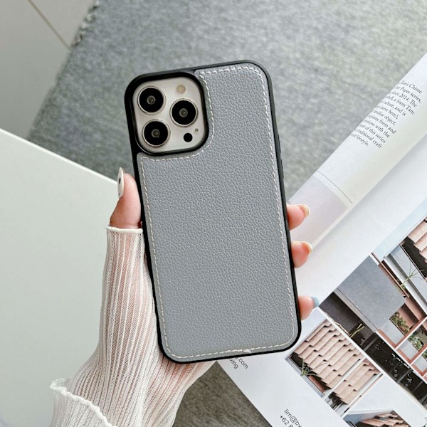 Etui til iPhone 13 Litchi mønster 2 i 1 syning grå klassisk Pebbled læder tekstur par Fuld krop