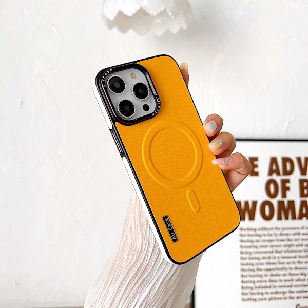 Fodral för iPhone 14 Pro Max gult läder magnetisk kontrastfärg