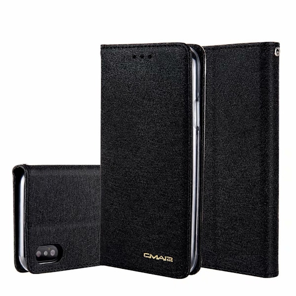 Etui til iPhone 13 Pro, sort silketekstur, flip-pung med kortholder, snap-on pung med kortholder
