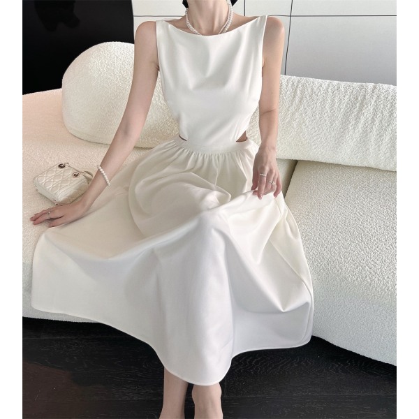 Fransk Hepburn stil vit kjol Midja-tight ihålig puffig lång kjol Black XL