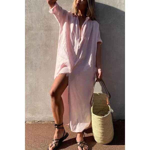 Enfärgad casual långärmad skjortklänning i mellanlång bomull och linne Pink XL