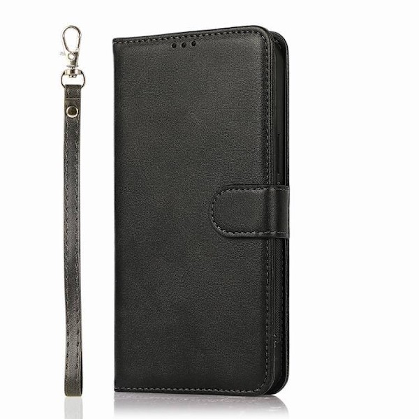 Etui til iPhone 15 Plus sort kalveskind 2-i-1 flip wallet med kortholder