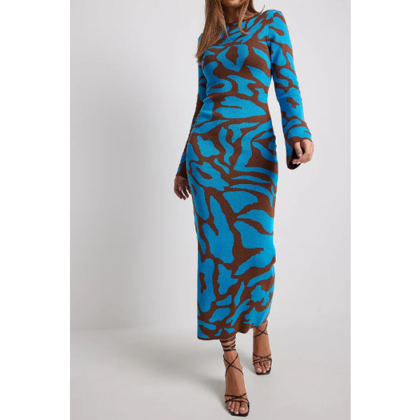Slim-Fit printed klänning Färgmatchande off-neck klänning Blue pattern M