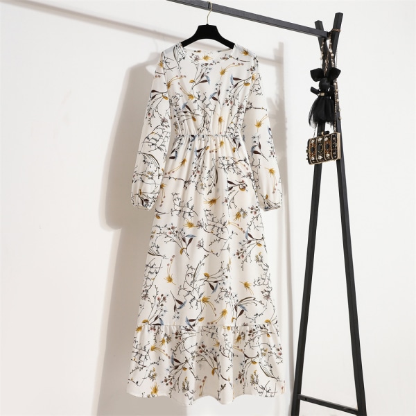 Blommig kjol, söt långärmad chiffongklänning med hög midja för kvinnor No 2 L
