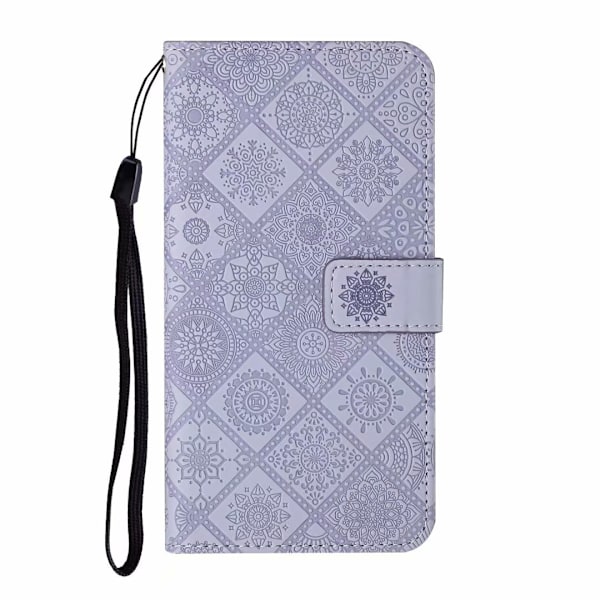 Kotelo iPhone 15 Plus -puhelimelle, violetti, 3D-kohokuvioitu etninen lompakko korttipidikkeellä, läppäkansi kohokuvioitu