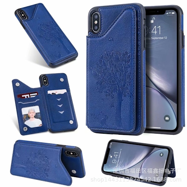 Etui til iPhone 13 Pro blå 3D Præget Kat og Træ Præget Tegnebog med Kortholder Flip
