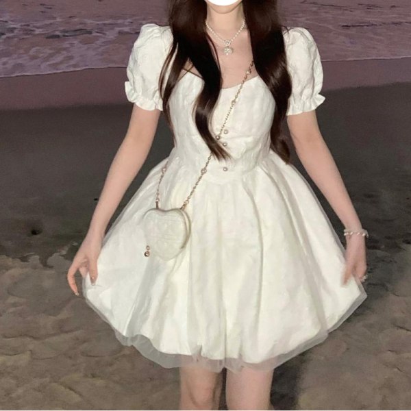 Princess Style Dress Dam Puff Sleeve Midjetight Pettiskirt Kort kjol White M【90-105】