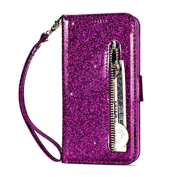 Etui til iPhone 15 Plus Lilla Glitter Lynlås Læder Etui Mode glitter lynlås Flip Almindelig