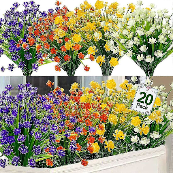20 Bundter Kunstige Blomster Til Dekoration, Forårsdekoration UV-Resistent Faux P