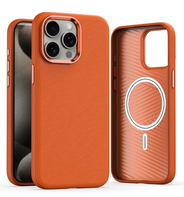 Etui til iPhone 15 Pro, orange farve, læder, lædermønster, magnetisk