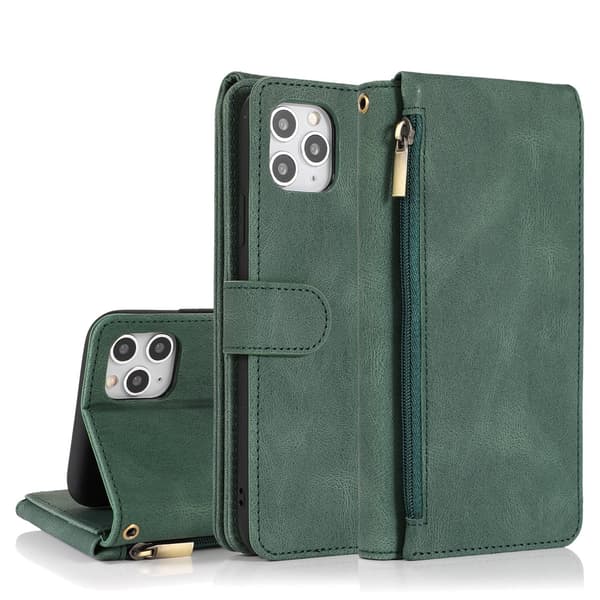 Etui til iPhone 14 Pro grøn Soft-Touch Lynlås Pung med Kortholder Flip Multi-Kort