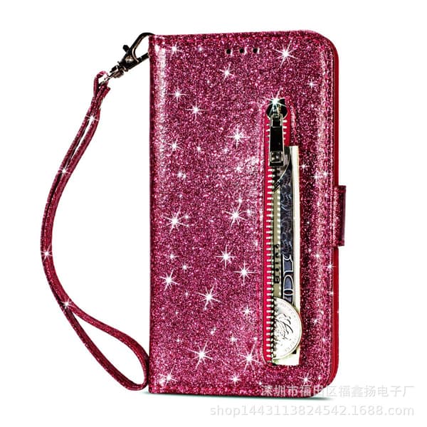 Etui til iPhone 14 Pro Max Rosarød glitter lynlås pung med kortholder flip