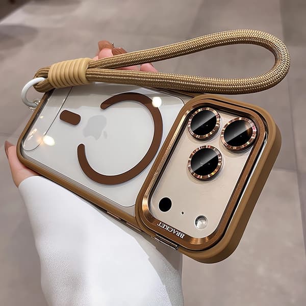 Fodral för iPhone 15 Pro Magnetiskt Stativ Lins Detalj Snodd Guld Noz29676