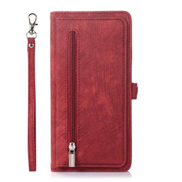 Fodral för iPhone 13 Pro Max Rött armband dragkedja Multi-kort Crossbody Multi-kort Plånbok med Korthållare Konst