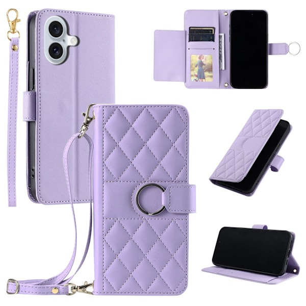 Kotelo iPhone 16Pro:lle, violetti + pitkät ja lyhyet narut, sormus sisällä, lompakko korttipidikkeellä, crossbody